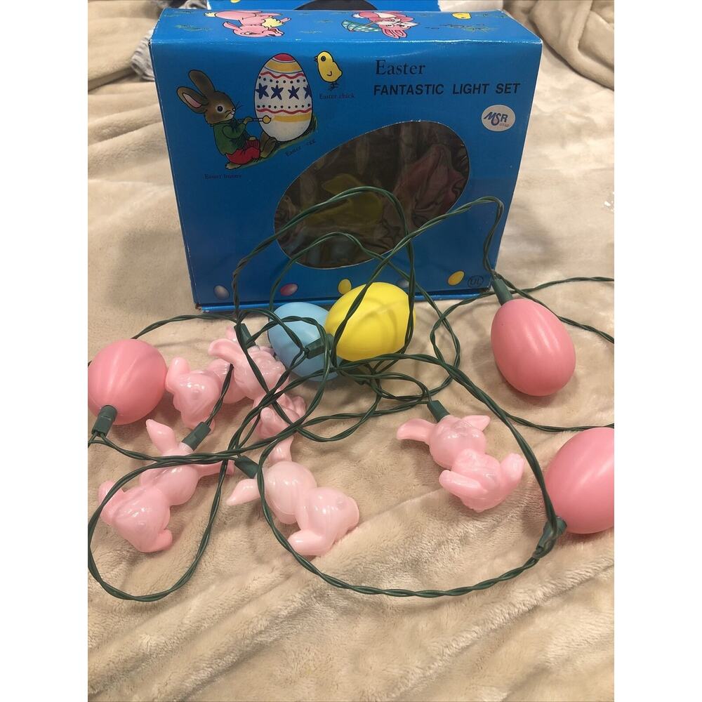 Vintage Blow Mold String Light Set Easter Bunny Rabbit Egg (10) Works Taiwan